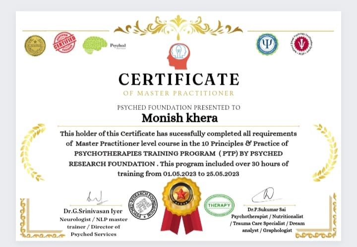 monish khera certified psychologist in Delhi